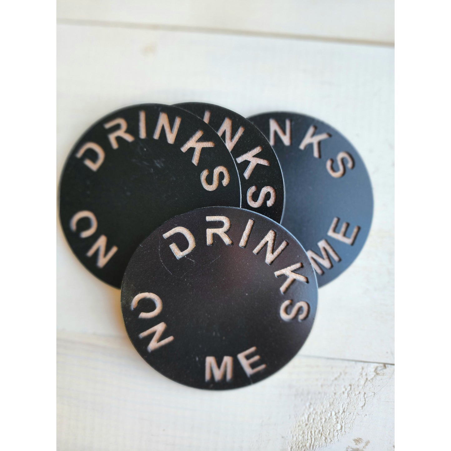 Drinks On Me Metal Coasters – Set of 4 | Fun Drink Coasters in Multiple Colors
