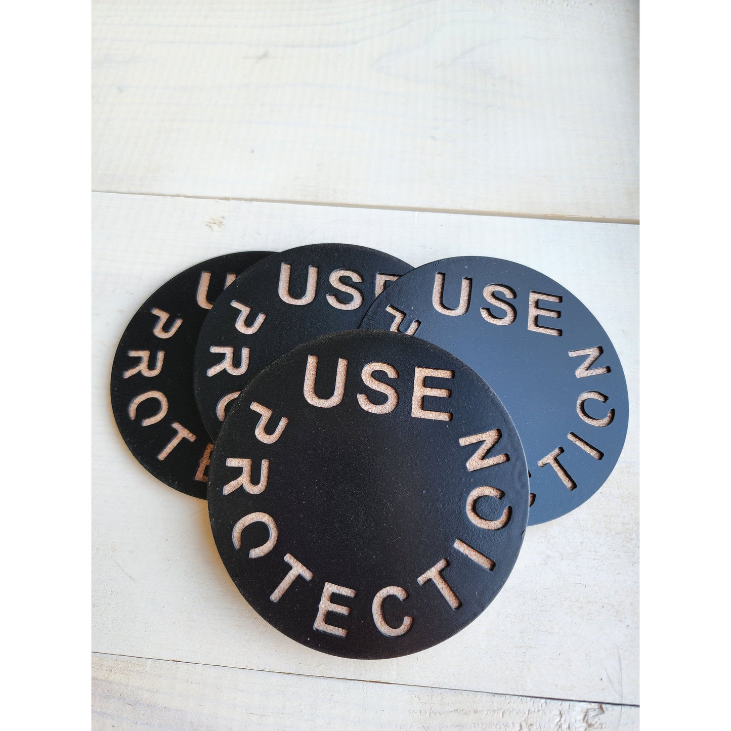 Use Protection Metal Drink Coasters – Funny Set for Home & Bar- Set of 4