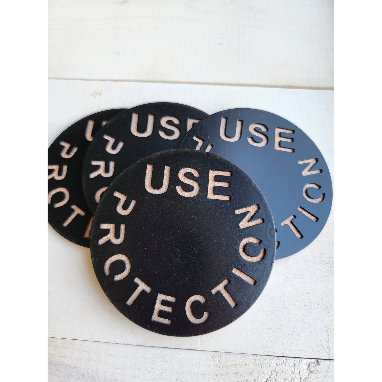 Use Protection Metal Drink Coasters – Funny Set for Home & Bar- Set of 4