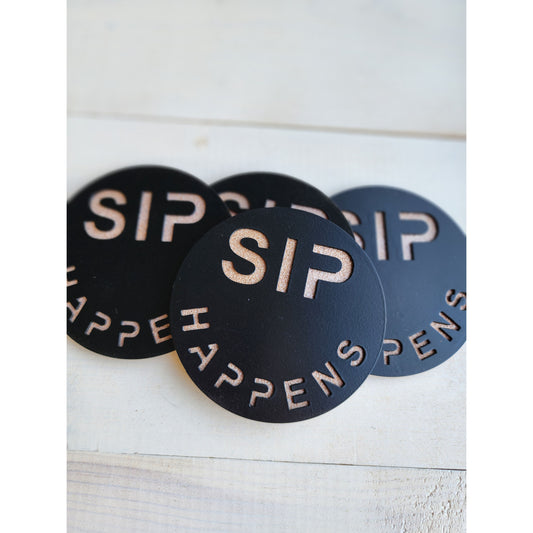 Sip Happens -Set of 4 for Home Bar & Parties– Funny Metal Coasters