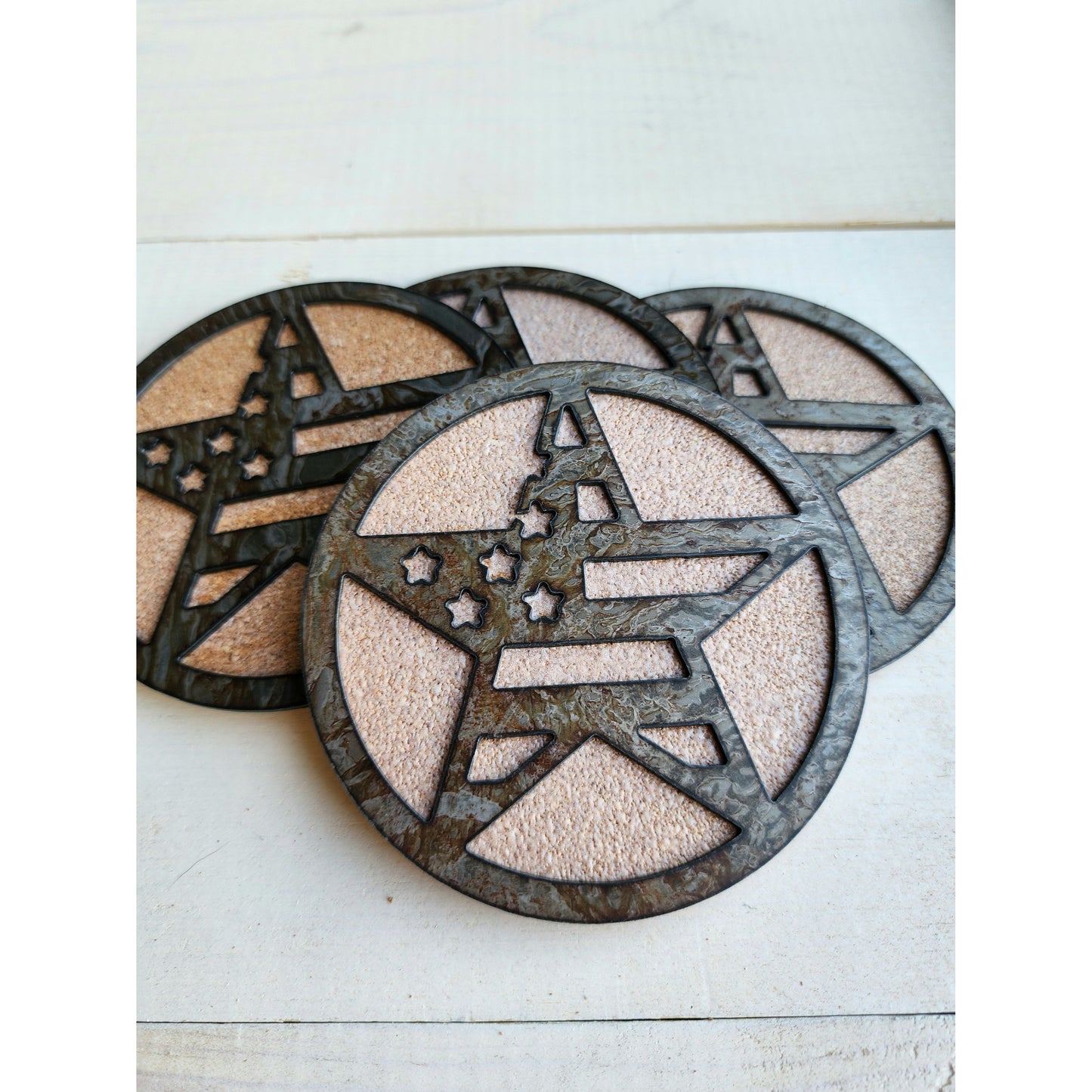 Patriotic Star Flag Metal Coasters – Set of 4 | Rustic Americana Drink Coasters