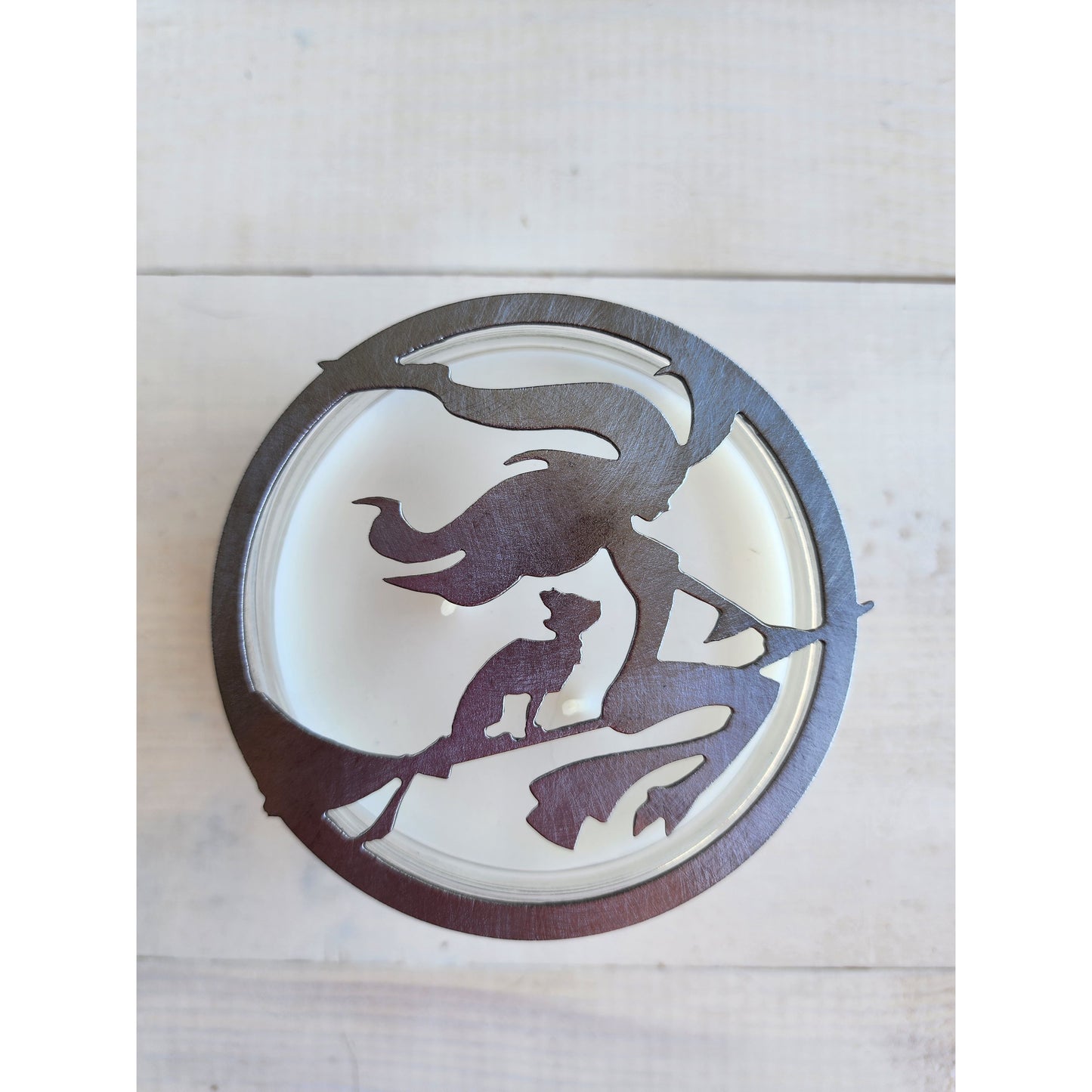Flying Witch with her Cat on a Broom Candle Metal Candle Topper – Halloween Decor
