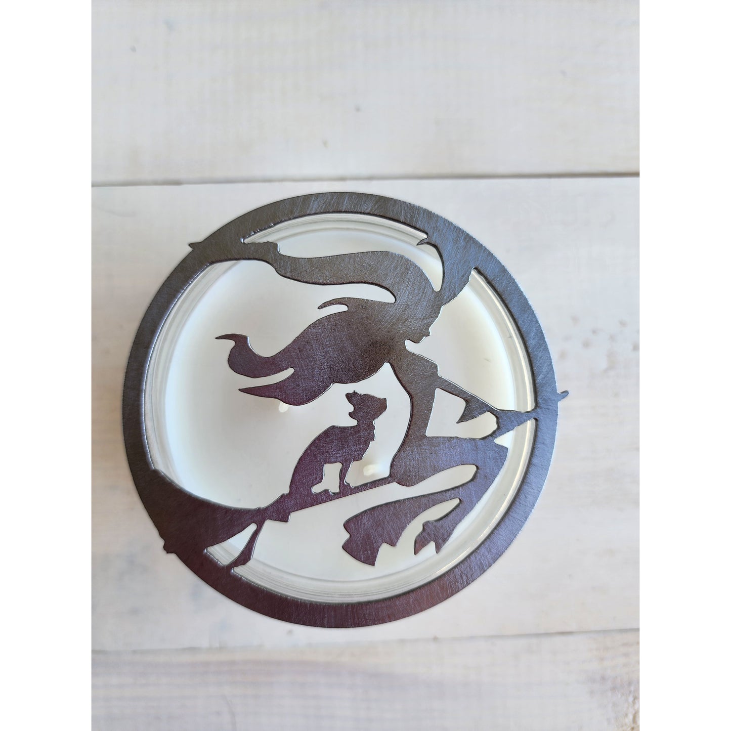 Flying Witch with her Cat on a Broom Candle Metal Candle Topper – Halloween Decor