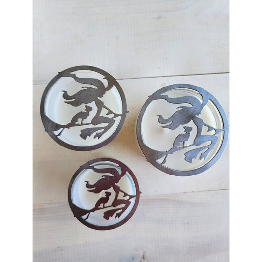 Flying Witch with her Cat on a Broom Candle Metal Candle Topper – Halloween Decor