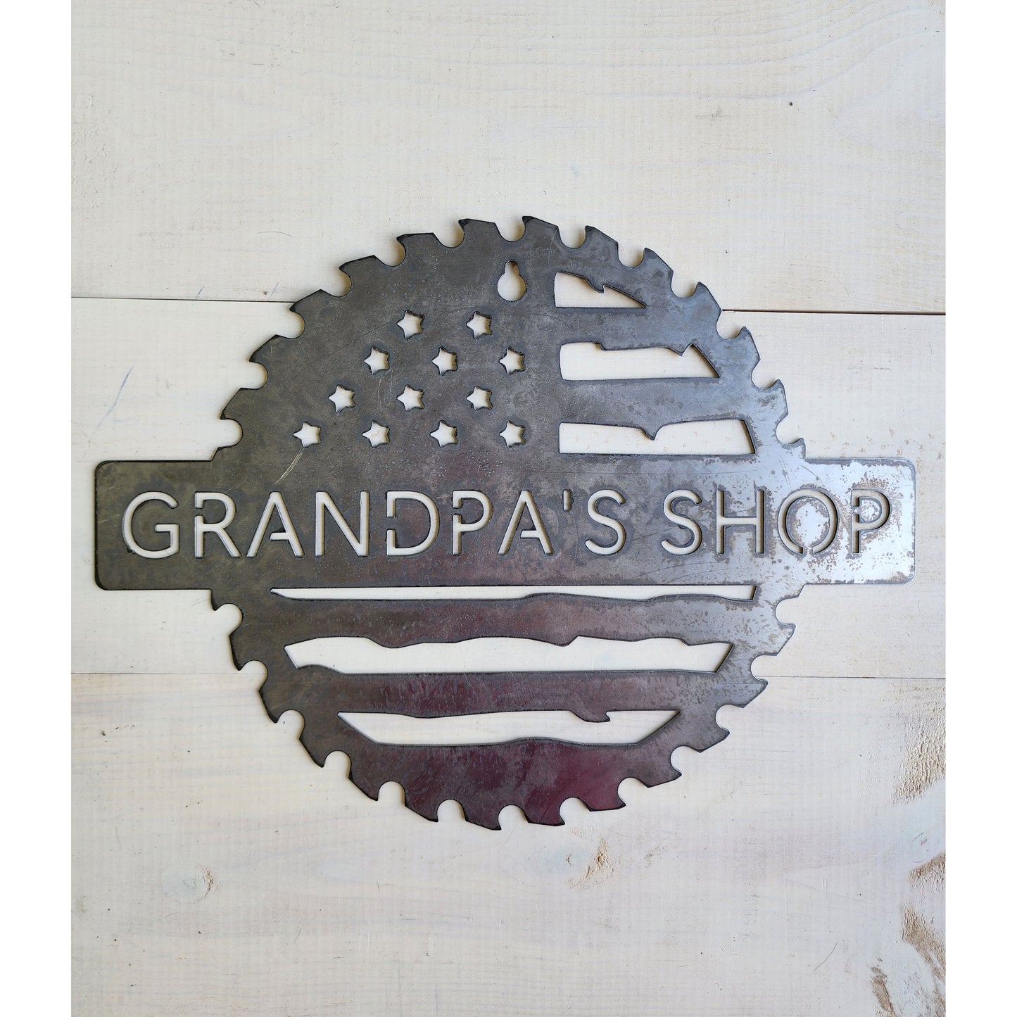 Custom Flag Saw Blade Metal Workshop Sign 18" – Personalized Metal Shop Decor