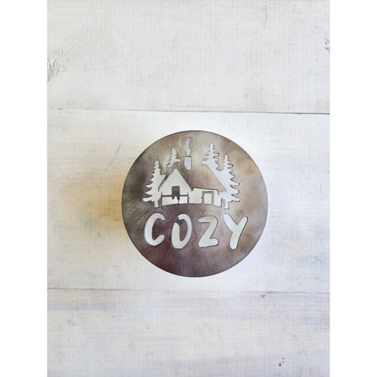 Cozy Metal Candle Topper with Cabin Cutout – Fits Jar Candles