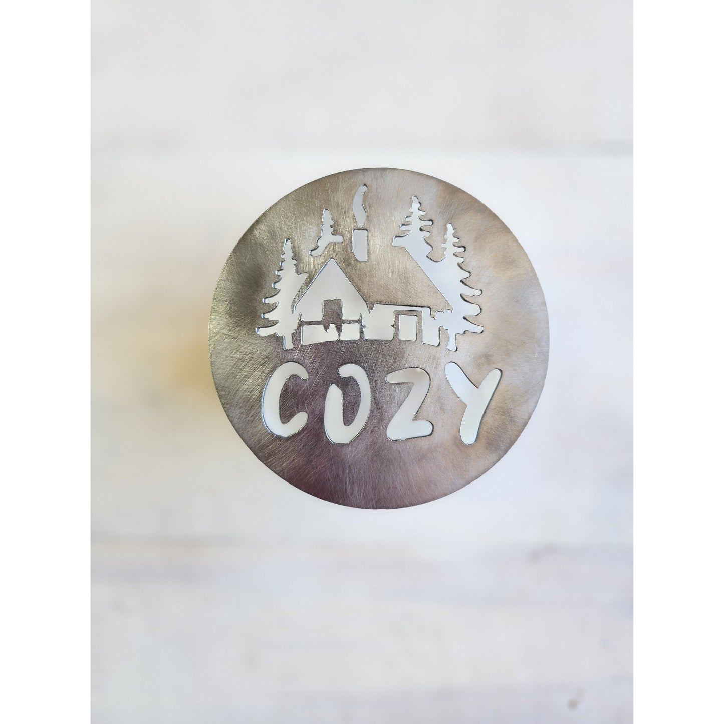 Cozy Metal Candle Topper with Cabin Cutout – Fits Jar Candles