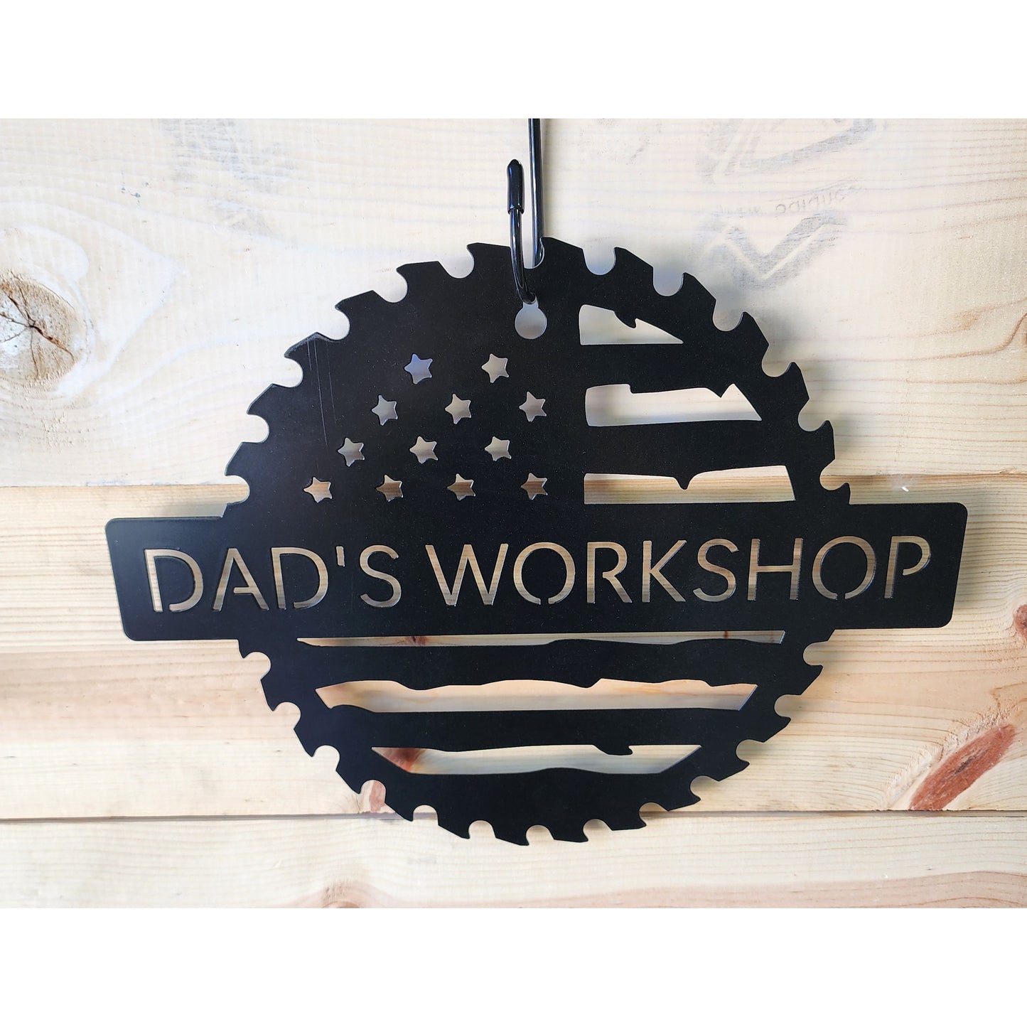 Custom Flag Saw Blade Metal Workshop Sign 18" – Personalized Metal Shop Decor