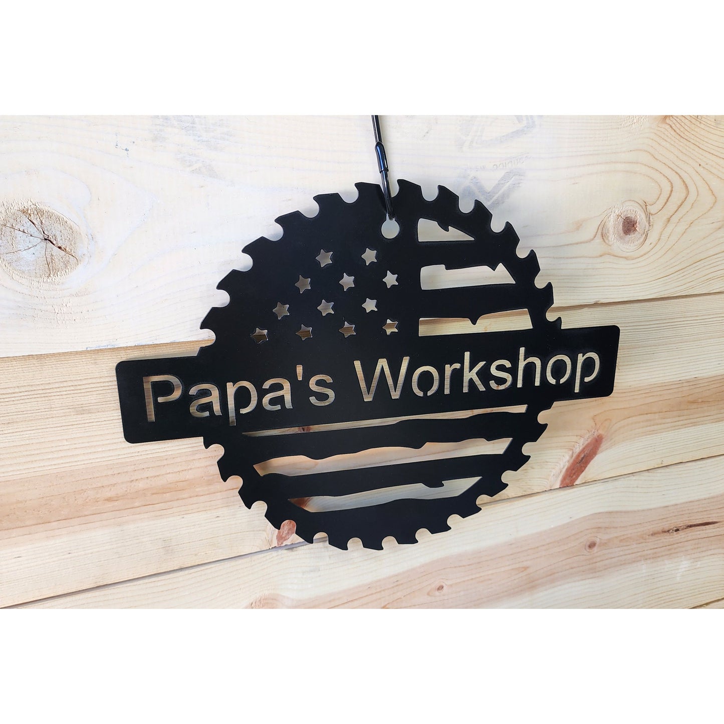 Custom Flag Saw Blade Metal Workshop Sign 18" – Personalized Metal Shop Decor