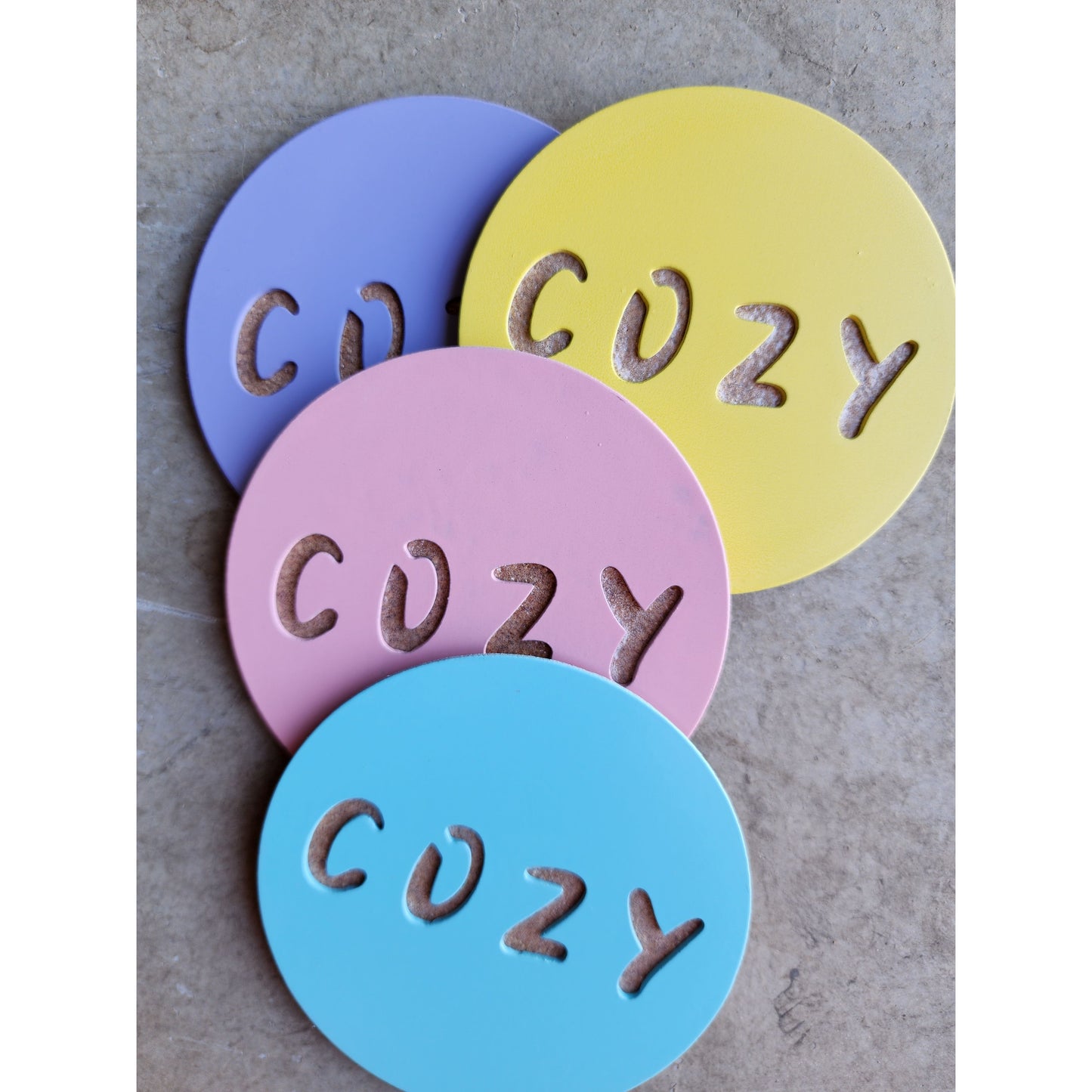 Cozy Vibes Metal Coasters – Set of 4 | Warm & Inviting Drink Coasters in Multiple Colors