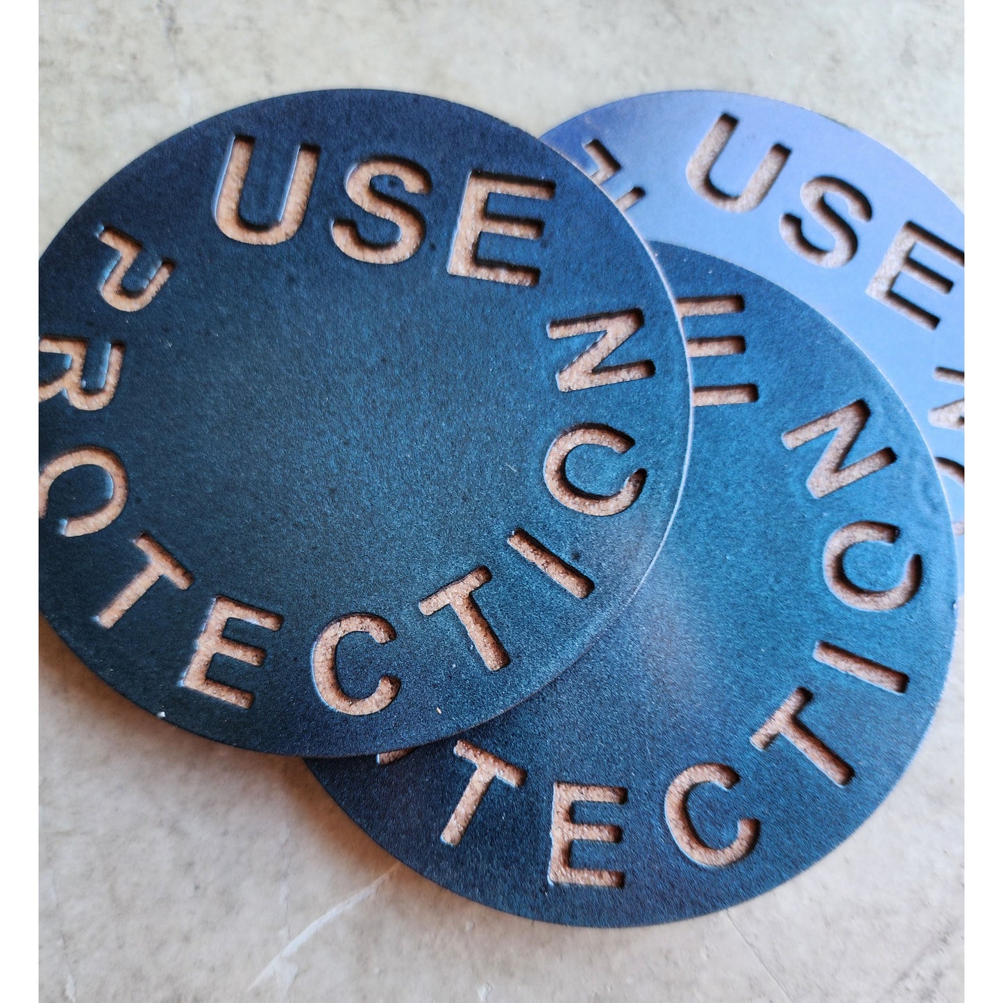 Use Protection Metal Drink Coasters – Funny Set for Home & Bar- Set of 4