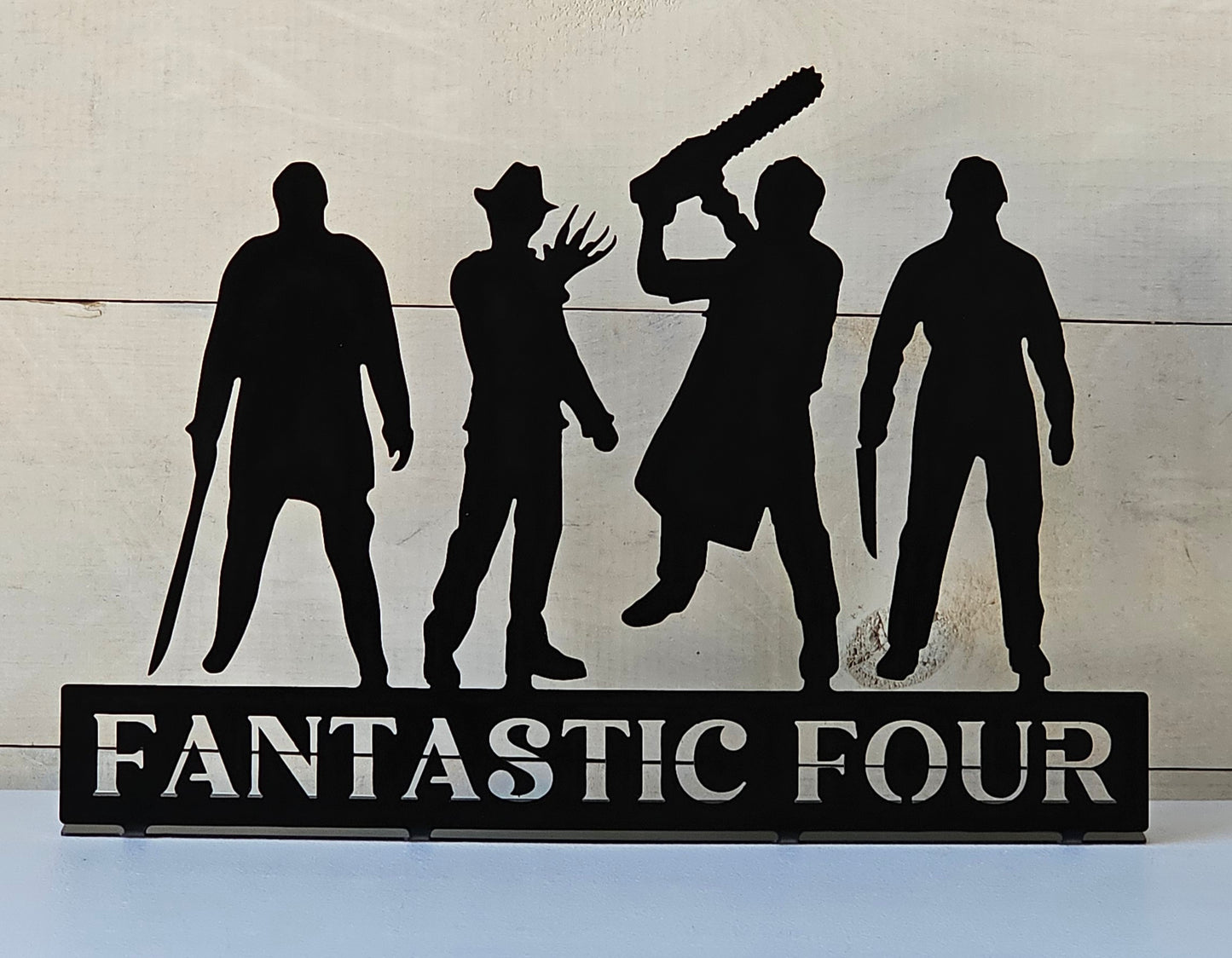 Fantastic Four-Metal Tabletop Horror Villains Inspired Sign – Freddy, Jason, Michael & Leatherface – Halloween Scary Movie Decor