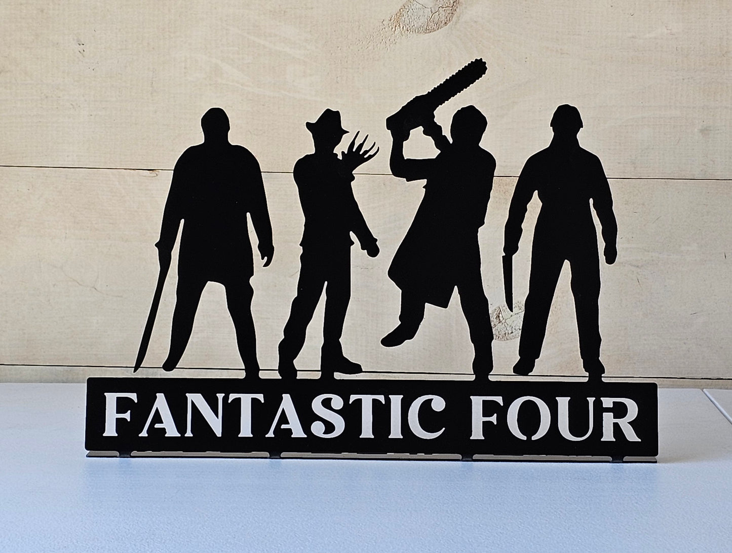Fantastic Four-Metal Tabletop Horror Villains Inspired Sign – Freddy, Jason, Michael & Leatherface – Halloween Scary Movie Decor