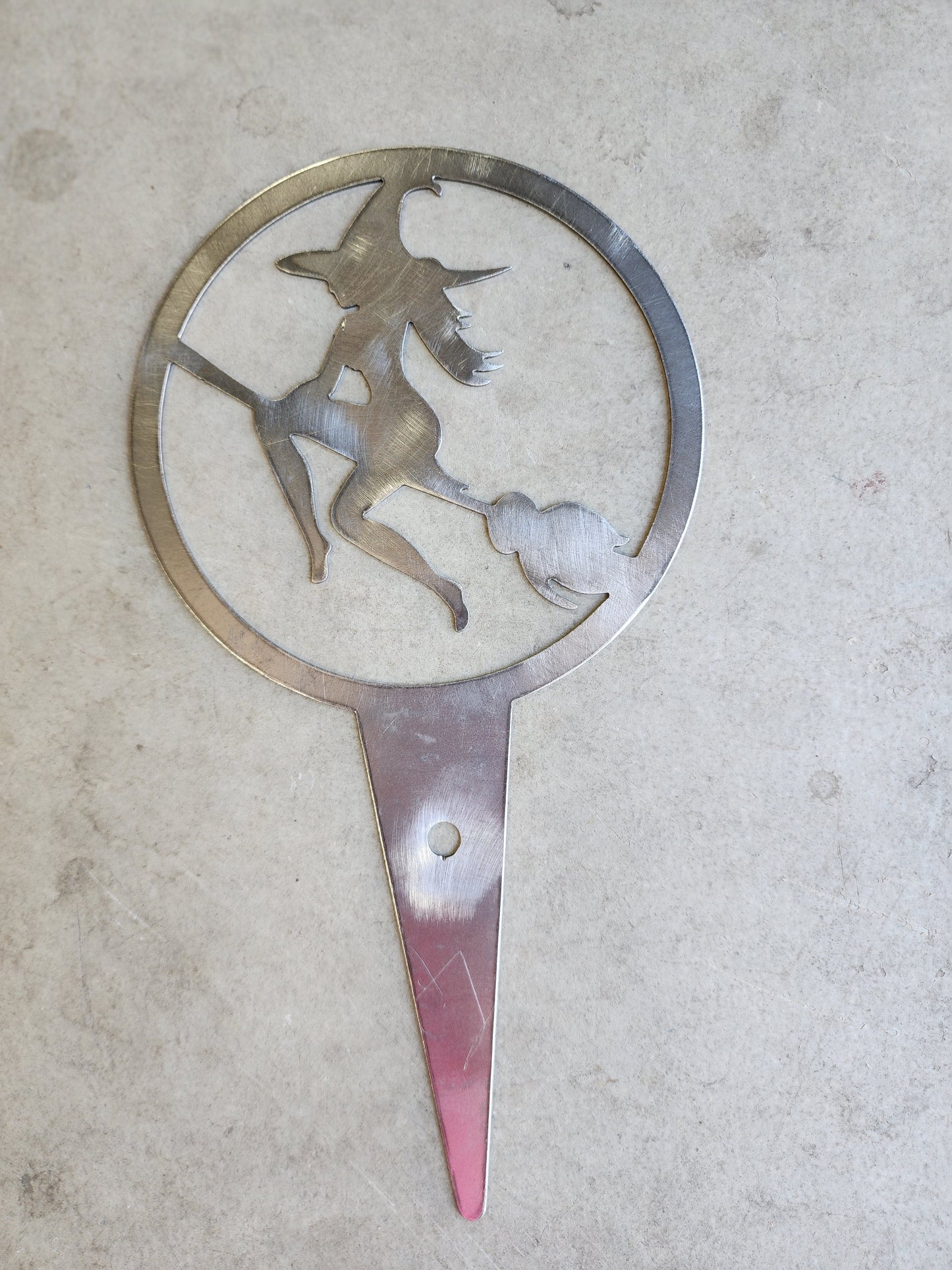 Witch on Broom Metal Plant Stake – 6" Round Garden Decor for Halloween or Spooky All-Year Display