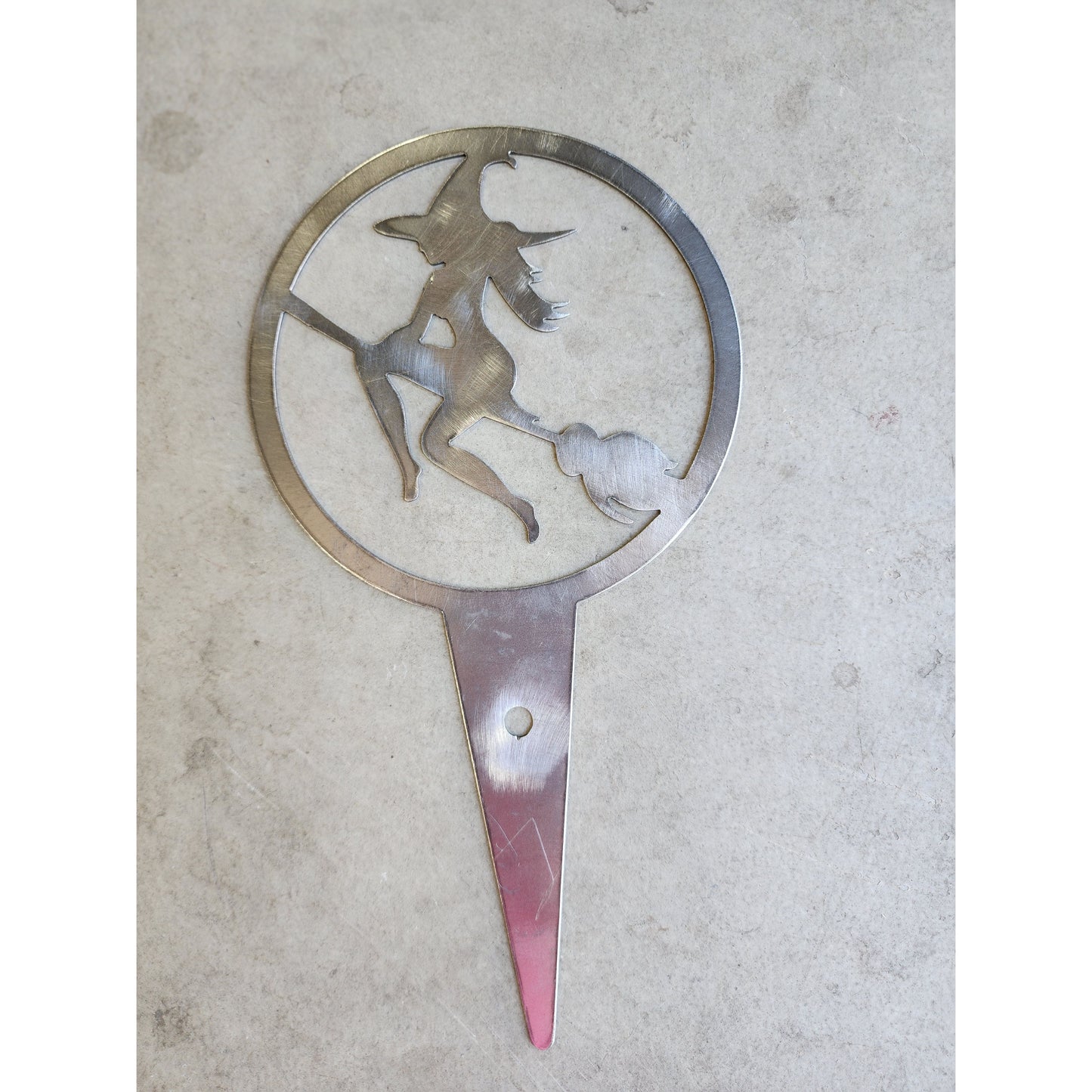 Witch on Broom Metal Plant Stake – 6" Round Garden Decor for Halloween or Spooky All-Year Display