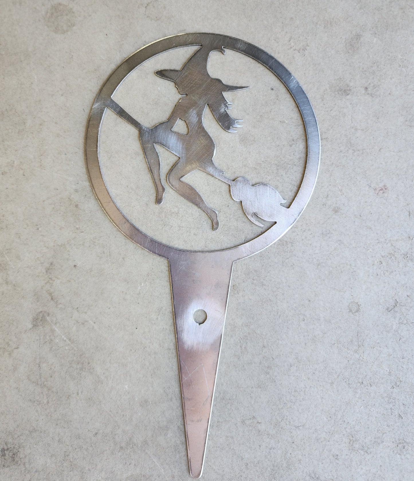 Witch on Broom Metal Plant Stake – 6" Round Garden Decor for Halloween or Spooky All-Year Display