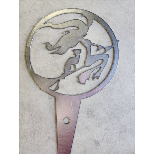 Midnight Flight – Witch and Cat on Broom Metal Plant Stake, 6" Round Garden Decor for Halloween or Witchy Plant Lovers
