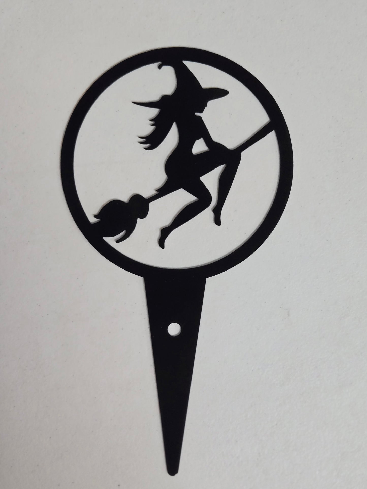 Witch on Broom Metal Plant Stake – 6" Round Garden Decor for Halloween or Spooky All-Year Display