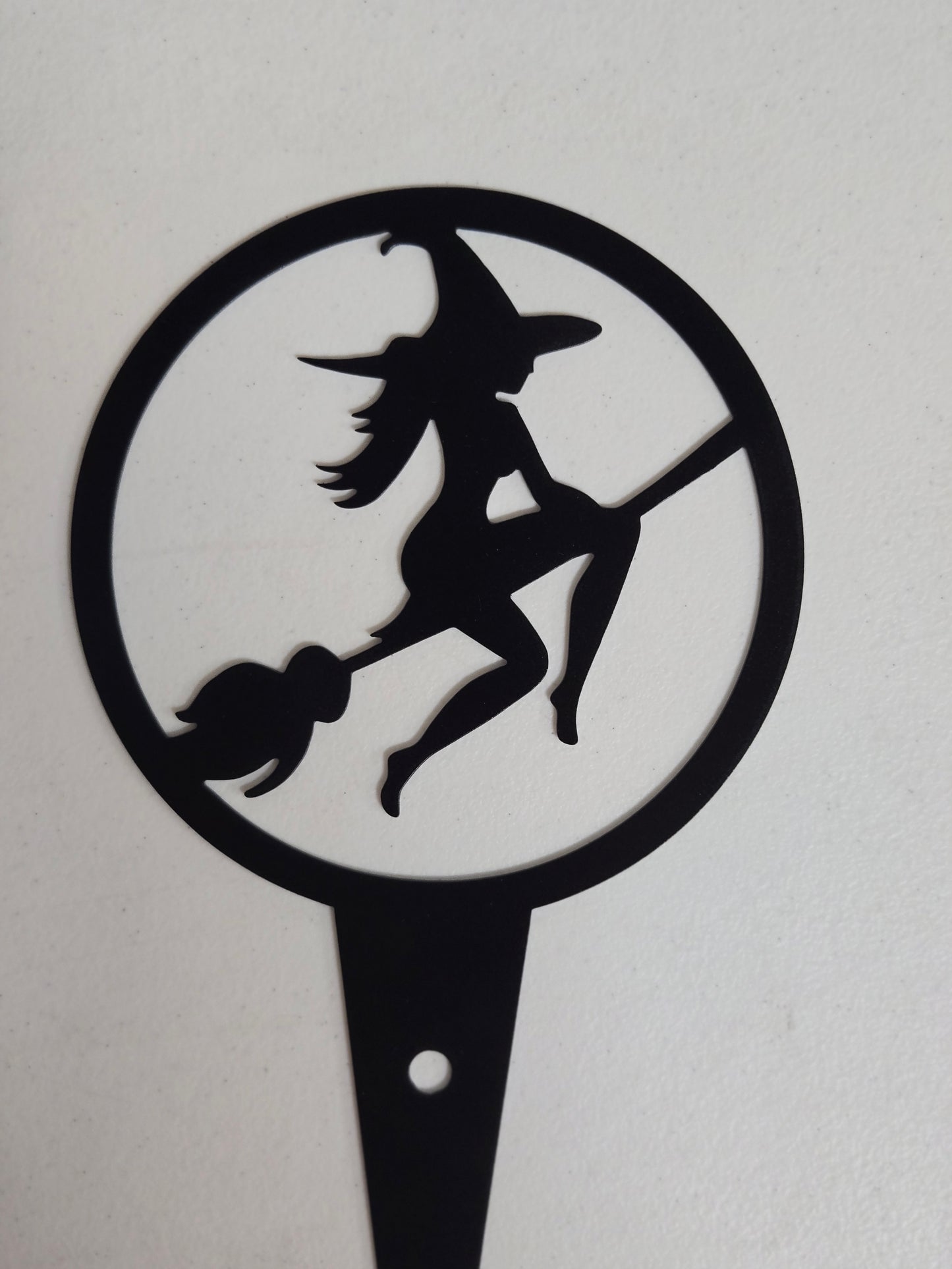 Witch on Broom Metal Plant Stake – 6" Round Garden Decor for Halloween or Spooky All-Year Display
