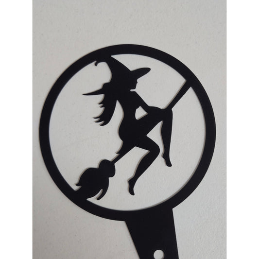 Witch on Broom Metal Plant Stake – 6" Round Garden Decor for Halloween or Spooky All-Year Display