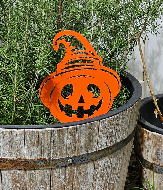 Smiling Jack-O'-Lantern with Witch Hat Garden Stake- Halloween Decor