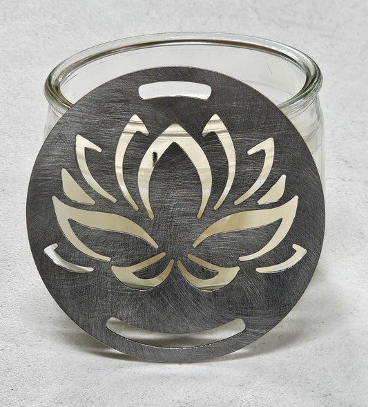 Silver lotus candle lid with cutout design