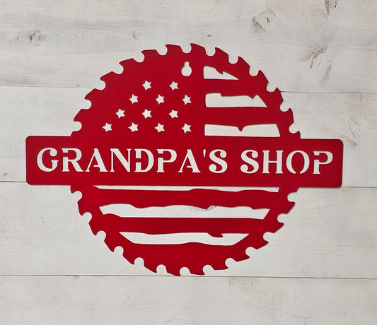 Custom Flag Saw Blade Metal Workshop Sign 18" – Personalized Metal Shop Decor