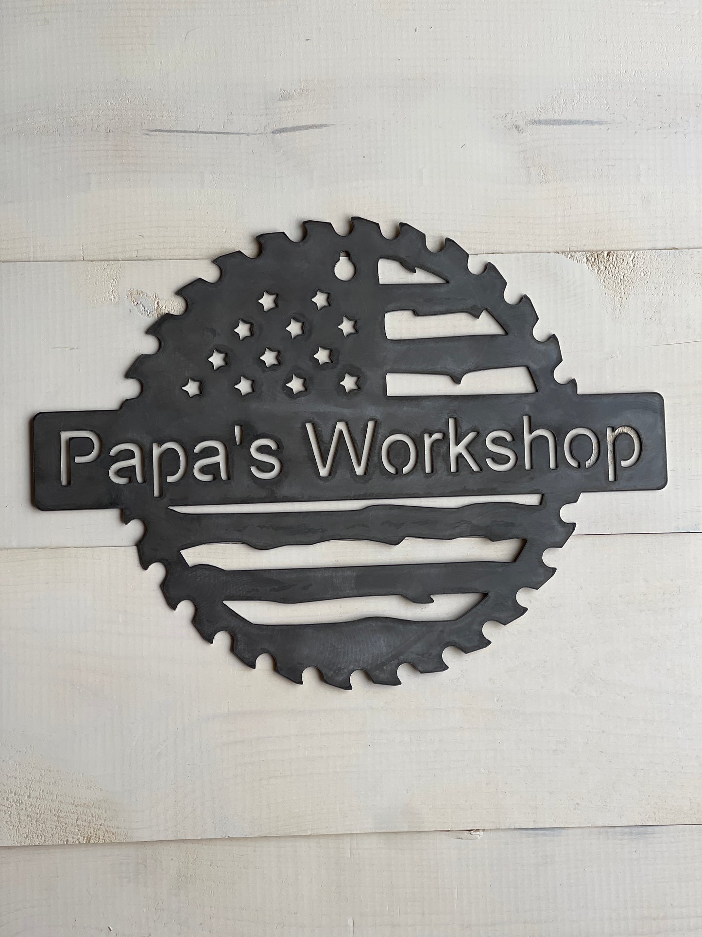 Papa Workshop Saw/Flag Metal Sign 12"