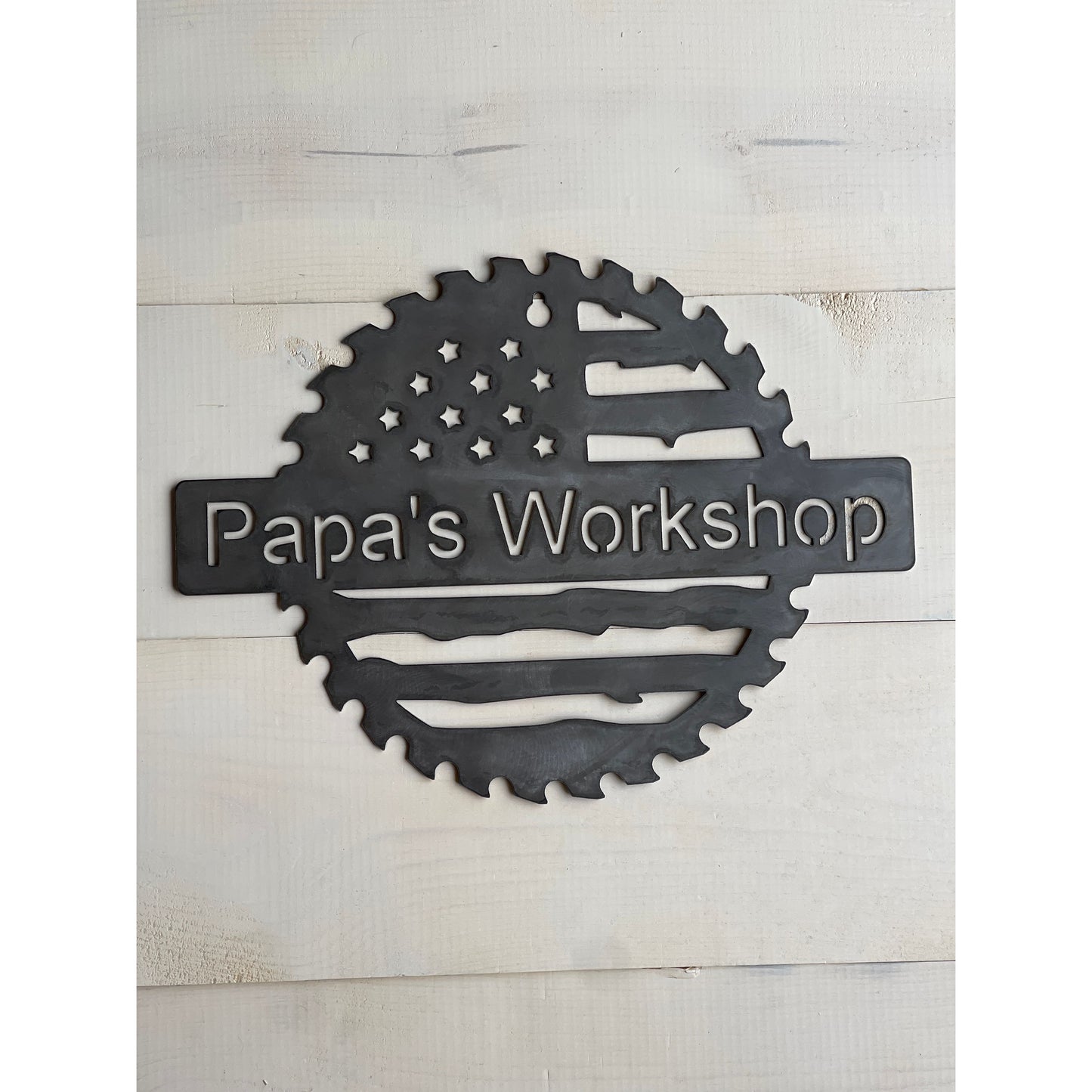 Custom Flag Saw Blade Metal Workshop Sign 18" – Personalized Metal Shop Decor