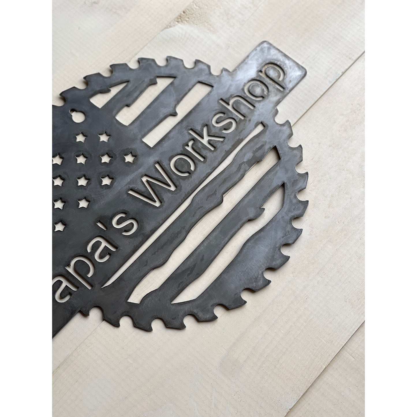 Custom Flag Saw Blade Metal Workshop Sign 18" – Personalized Metal Shop Decor