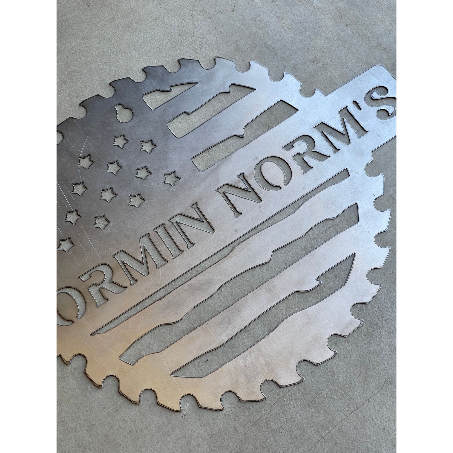 Custom Flag Saw Blade Workshop Metal Sign 12"– Personalized Metal Shop Decor for Dad, Mom, or Any Name