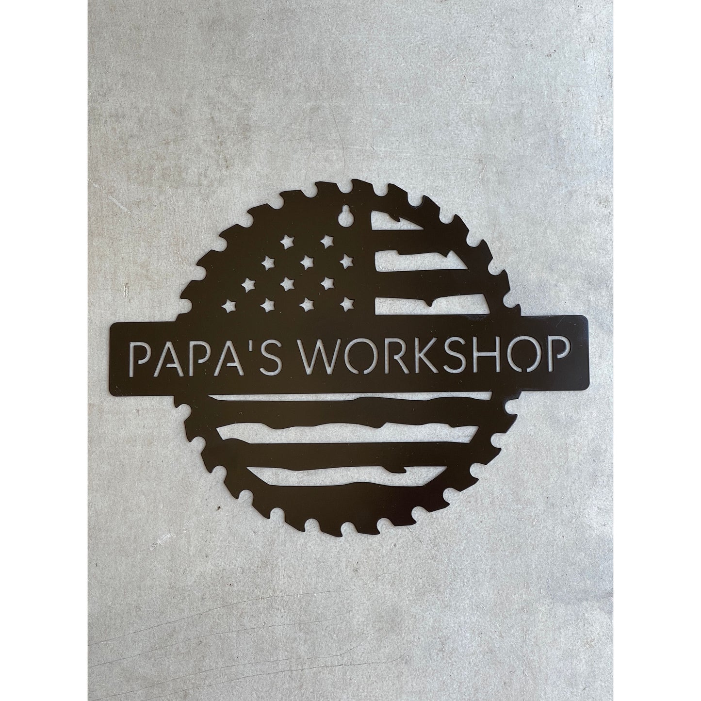 Custom Flag Saw Blade Metal Workshop Sign 18" – Personalized Metal Shop Decor