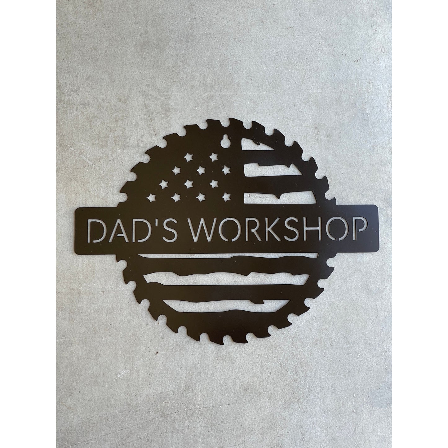 Custom Flag Saw Blade Workshop Metal Sign 12"– Personalized Metal Shop Decor for Dad, Mom, or Any Name
