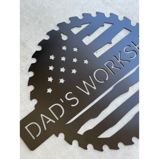 Custom Flag Saw Blade Workshop Metal Sign 12"– Personalized Metal Shop Decor for Dad, Mom, or Any Name