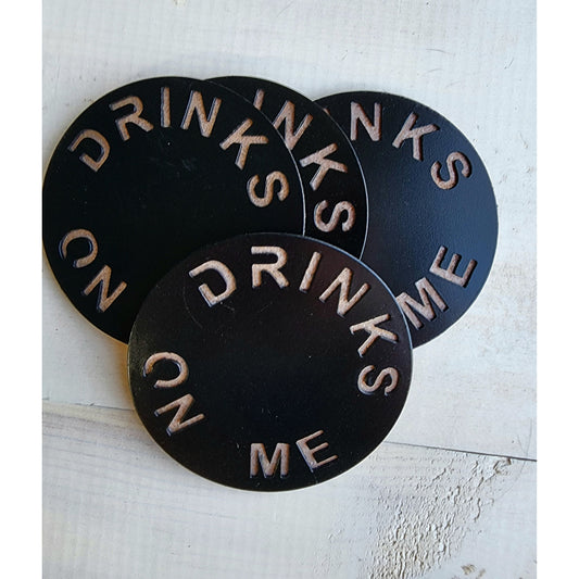 Drinks On Me Metal Coasters – Set of 4 | Fun Drink Coasters in Multiple Colors
