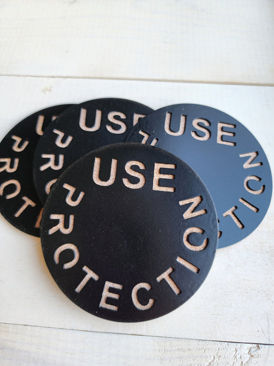 Use Protection Metal Drink Coasters – Funny Set for Home & Bar- Set of 4