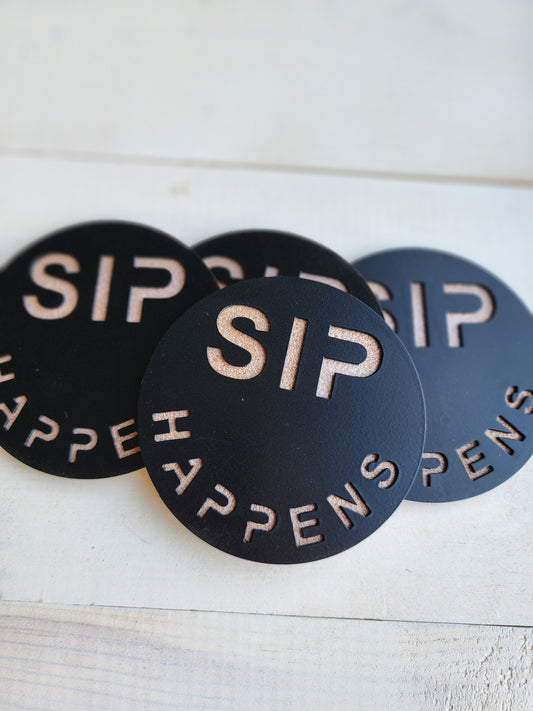 Sip Happens -Set of 4 for Home Bar & Parties– Funny Metal Coasters