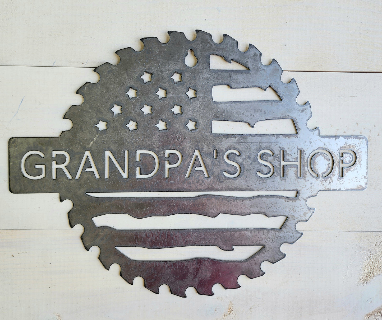 Custom Flag Saw Blade Workshop Metal Sign 12"– Personalized Metal Shop Decor for Dad, Mom, or Any Name