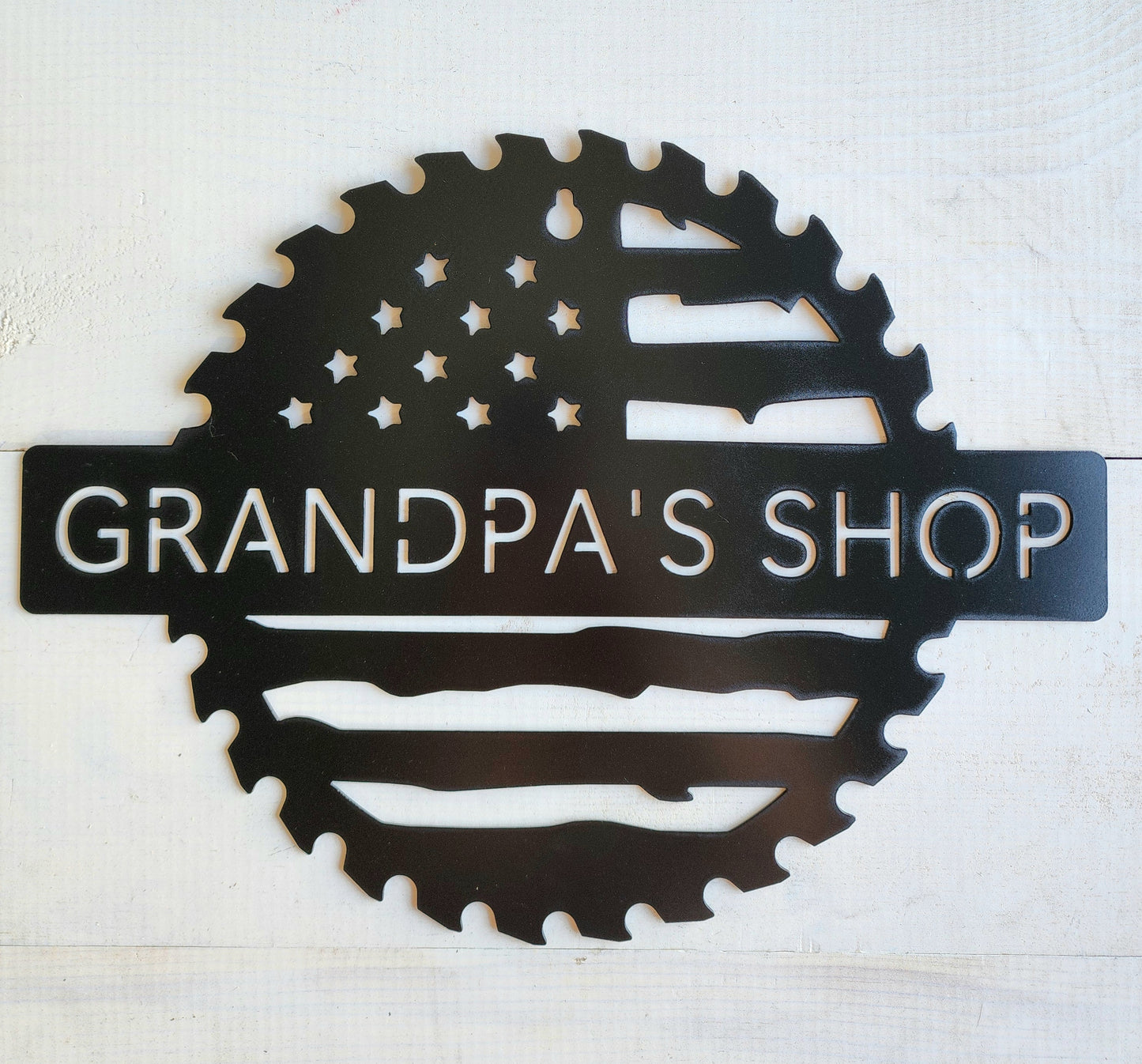 Custom Flag Saw Blade Workshop Metal Sign 12"– Personalized Metal Shop Decor for Dad, Mom, or Any Name