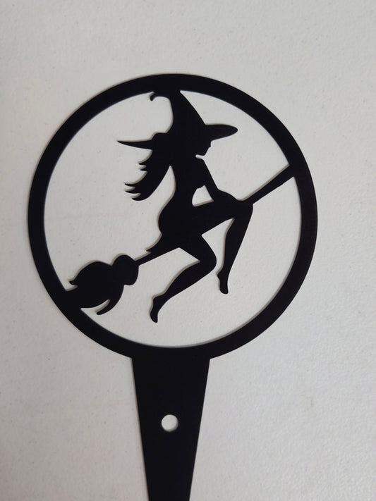 Witch on Broom Metal Plant Stake – 6" Round Garden Decor for Halloween or Spooky All-Year Display
