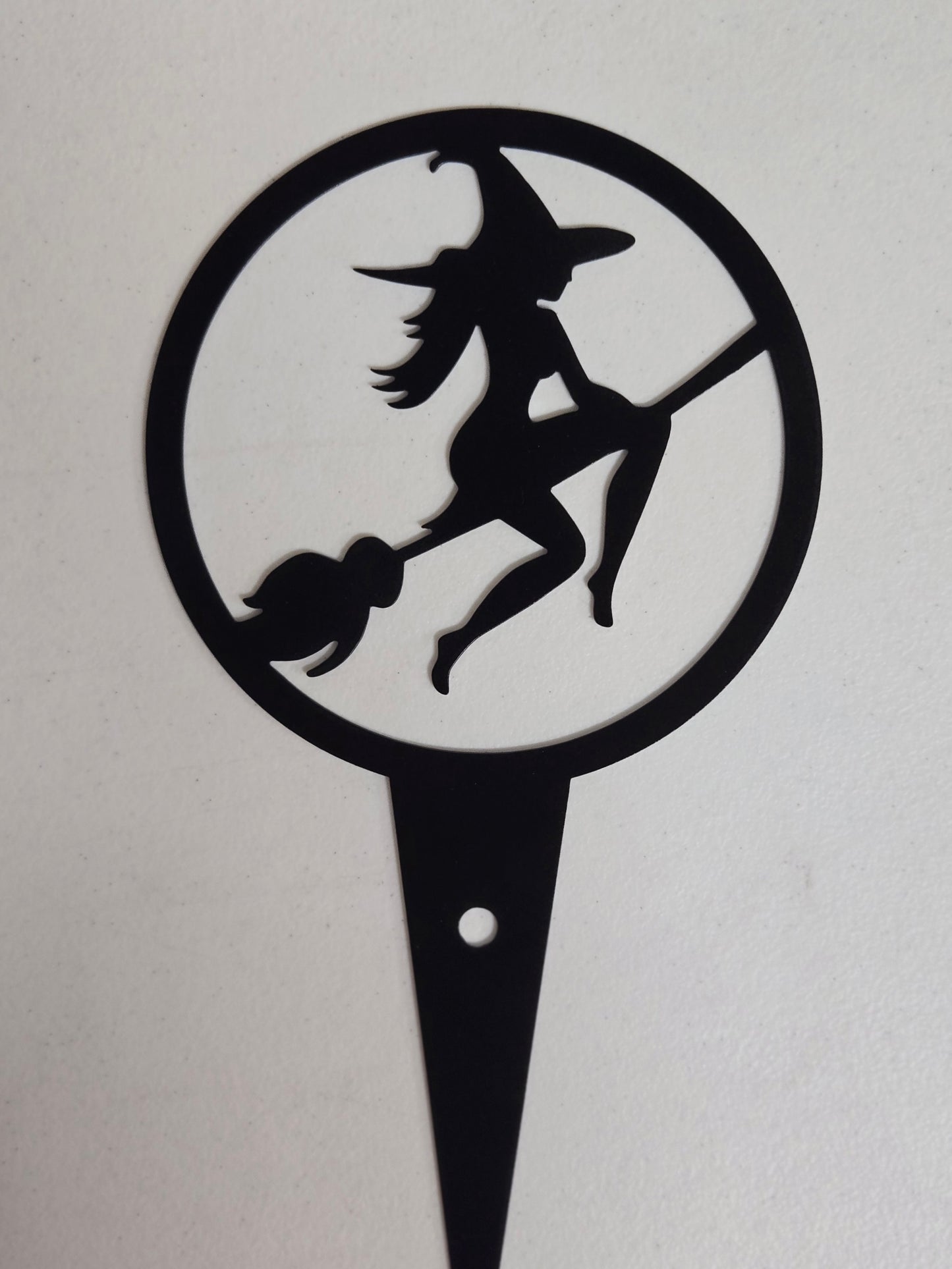 Witch on Broom Metal Plant Stake – 6" Round Garden Decor for Halloween or Spooky All-Year Display