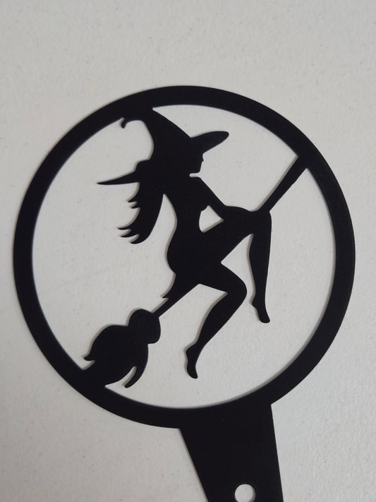 Witch on Broom Metal Plant Stake – 6" Round Garden Decor for Halloween or Spooky All-Year Display