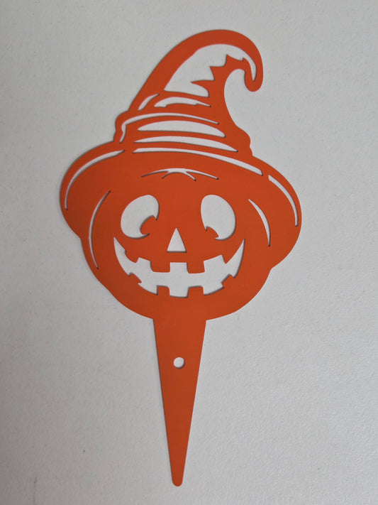 Smiling Jack-O'-Lantern with Witch Hat- Witchy Grin Pumpkin Garden Stake