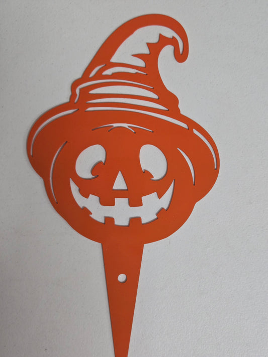 Smiling Jack-O'-Lantern with Witch Hat- Witchy Grin Pumpkin Garden Stake