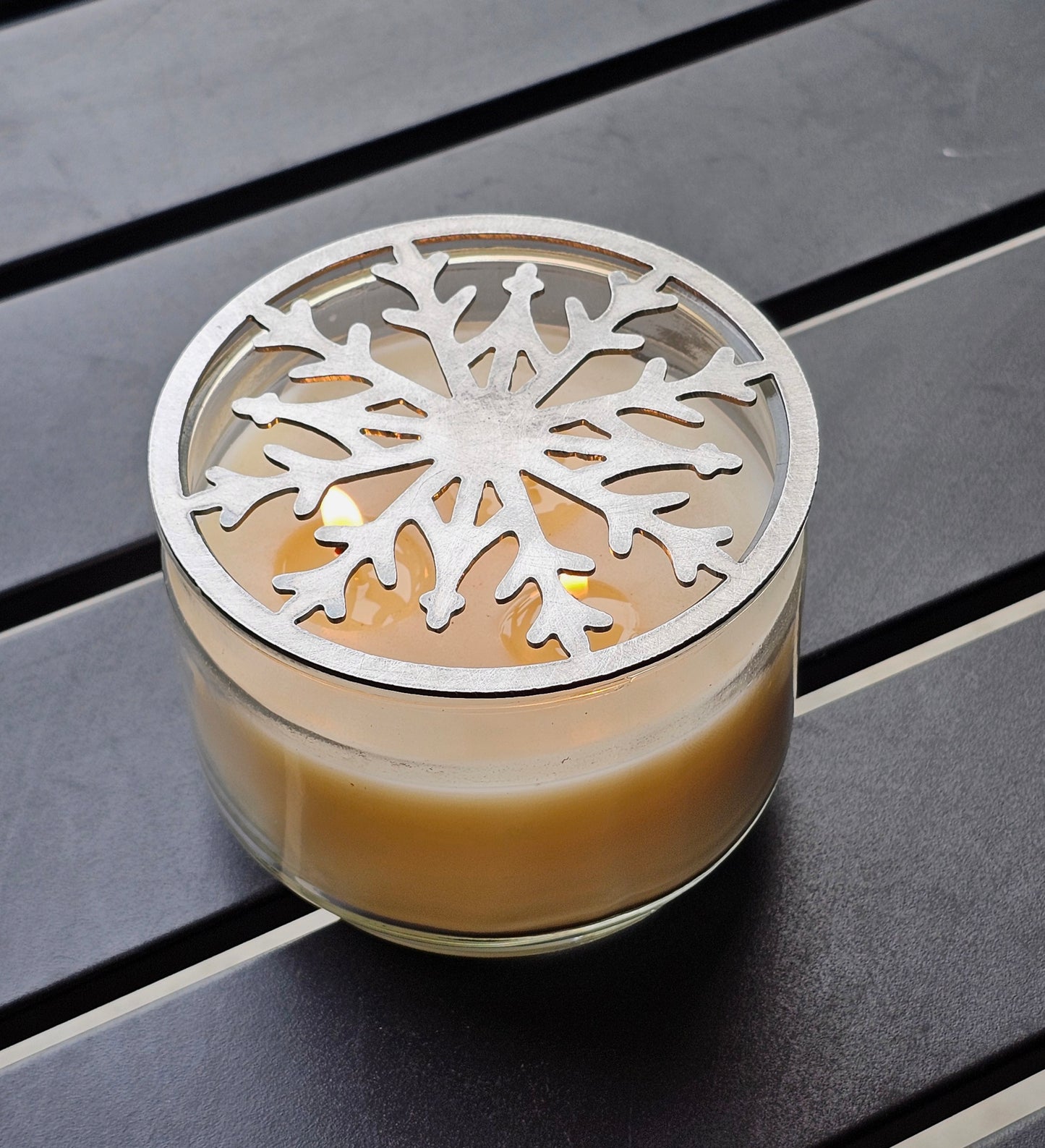 Crystal snowflake metal candle topper on jar candle