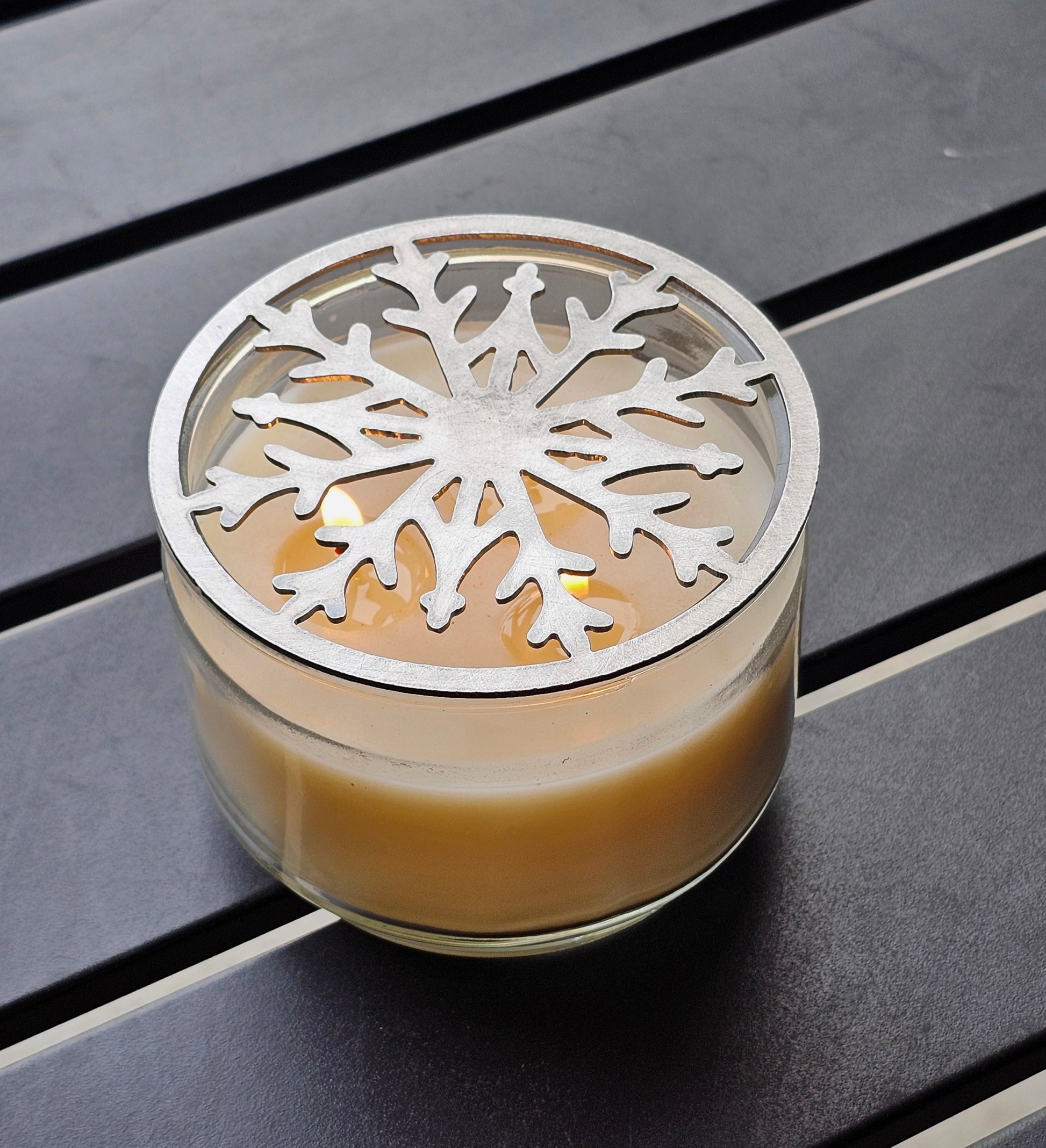 Crystal snowflake metal candle topper on jar candle