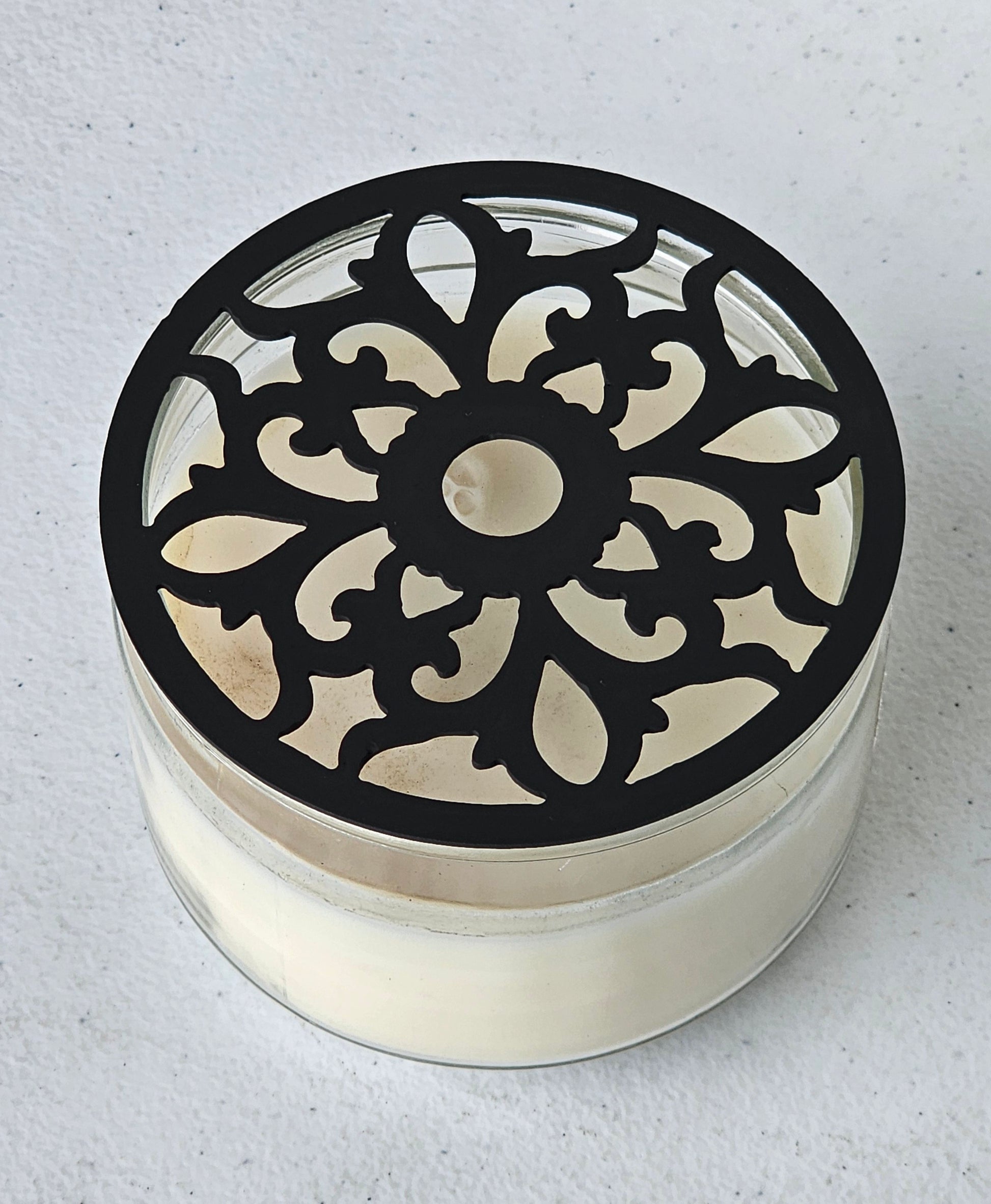 Black Vintage Floral Candle Topper on Jar Candle