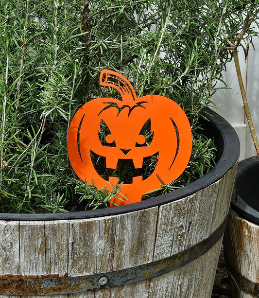 Grinning Jack-O'-Lantern Pumpkin Garden Stake – Orange Metal Halloween Decor