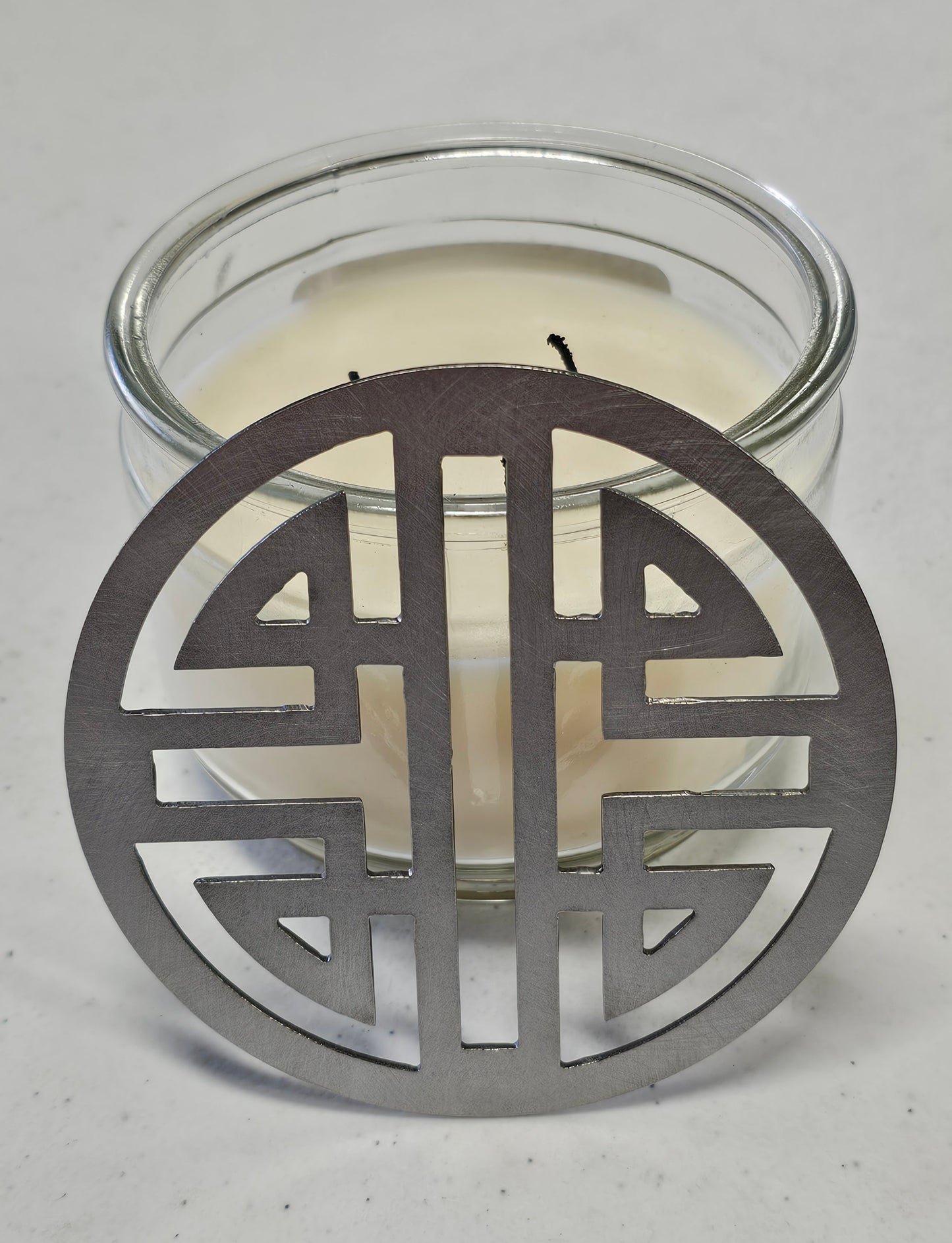 Raw metal candle lid with Chinese double happiness symbol