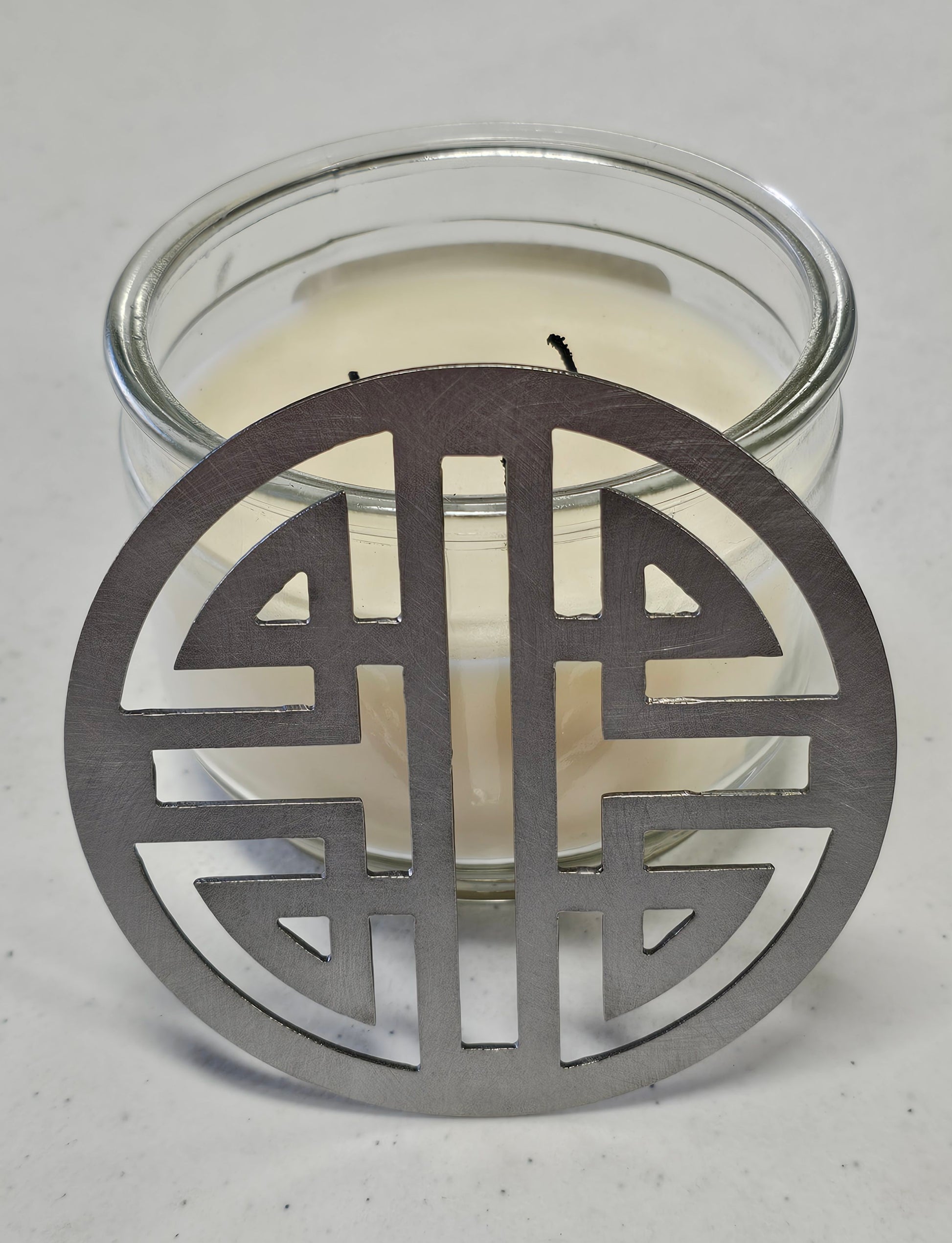 Raw metal candle lid with Chinese double happiness symbol